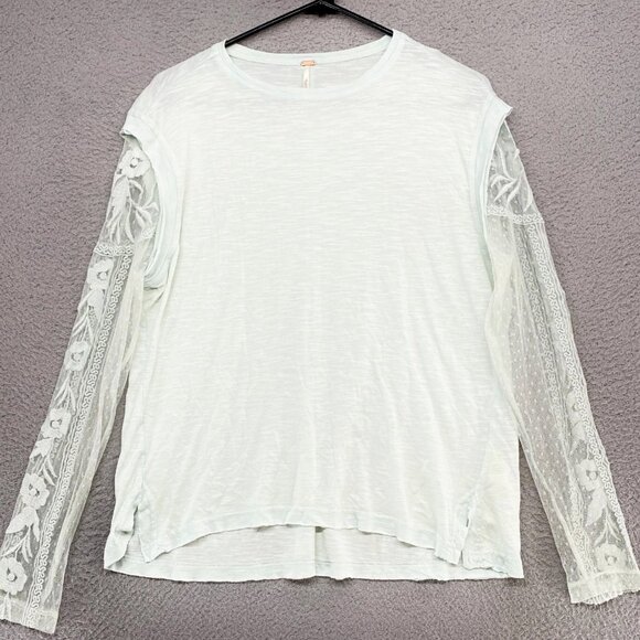 Free People Billie Jean Twofer Top Long Sleeve Tee Lace Sleeves Cream Ivory SM - Picture 3 of 13